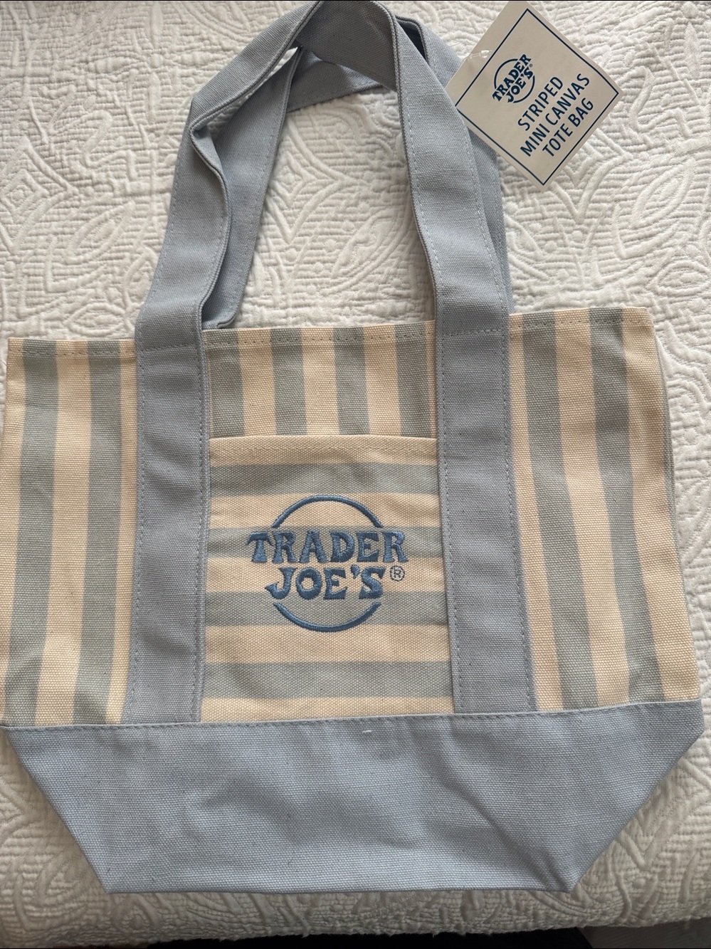 Trader Joe's NEW MINI Light Blue & Cream Striped Canvas Tote